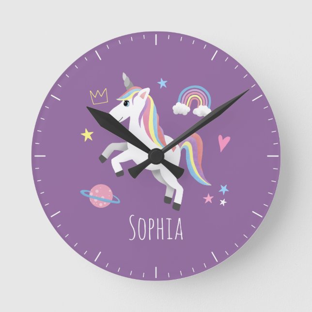Girls Cute Purple Magical Unicorn Kids Nursery Round Clock (Front)