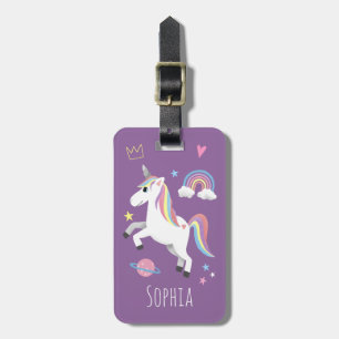 Girls Cute Purple Magical Unicorn & Name Kids Luggage Tag