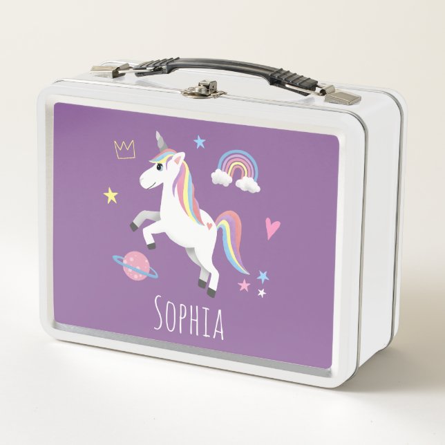 Girls Cute Purple Magical Unicorn & Name Kids Metal Lunch Box (Front)