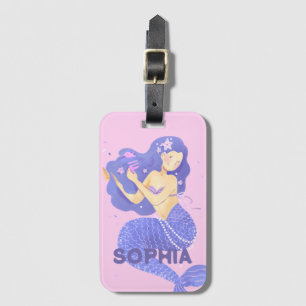 Girls Cute Purple Mermaid Name Personalised Kids Luggage Tag
