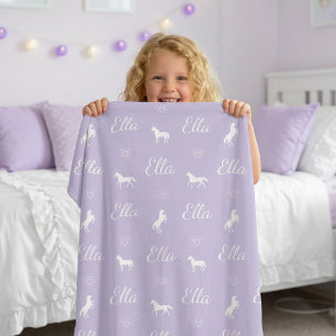 Girls Cute Purple Personalised Name Horse Fleece Blanket