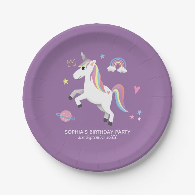 Girls Cute Purple Princess Unicorn Kids Birthday Paper Plate (Front)