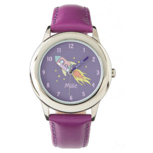 Girls Cute Purple Rocket Ship Space and Name Kids Watch