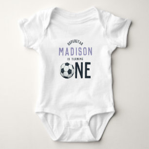 Girls Cute Purple Soccer 1st Birthday Baby Bodysuit