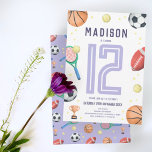 Girls Cute Purple Sports Cartoon Kids Birthday Invitation<br><div class="desc">This cute and modern sports-themed kids birthday invitation design features a purple sports cartoon design, with a basketball, football, soccer ball, tennis racket, trophy, and stars. The invite can be personalised with your girls name and other details necessary for your party. The perfect sports-themed addition to your child's birthday party!...</div>