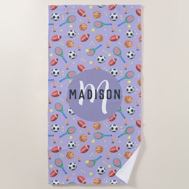 Girls Cute Purple Sports Monogram Kids Beach Towel (Front)