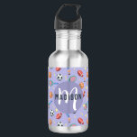 Girls Cute Purple Sports Monogram Kids School 532 Ml Water Bottle<br><div class="desc">This cute kids bottle features a fun purple cartoon sports pattern,  with a soccer ball,  basketball,  tennis racket,  football and trophy. There is also space for you to add your girls name and monogram in a beautiful font. The perfect sport themed addition to your kids school or sports supplies.</div>