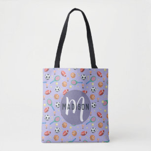 Girls Cute Purple Sports Monogram Kids Tote Bag
