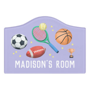 Girls Cute Purple Tennis and Soccer Sports Kids Door Sign