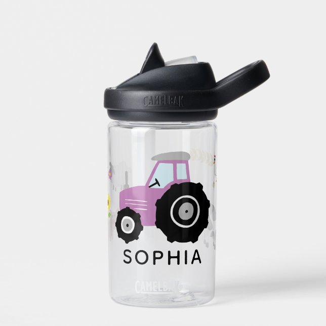 Girls Cute Purple Tractor Kids School Water Bottle (Left)