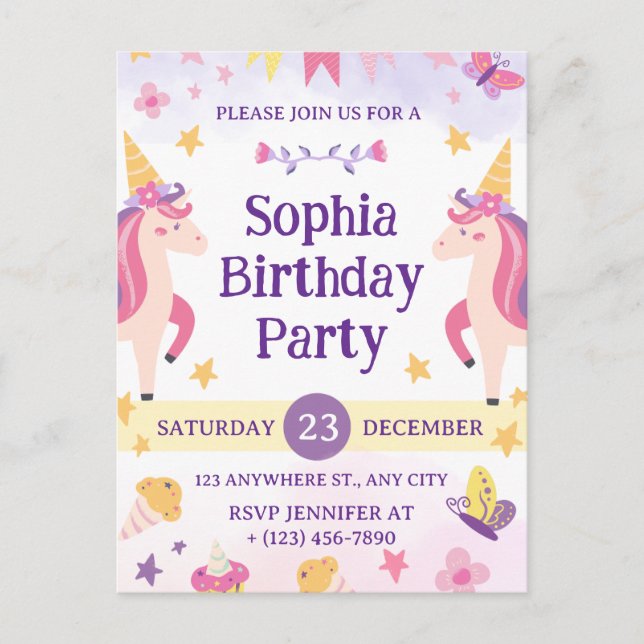Girls Cute Purple Unicorn Kids 1th Birthday Holiday Postcard (Front)