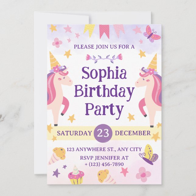 Girls Cute Purple Unicorn Kids 1th Birthday Invitation (Front)