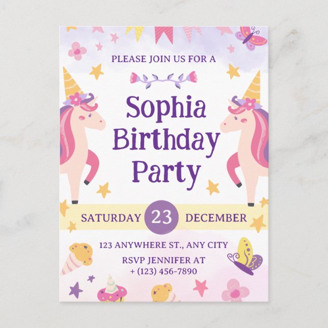 Girls Cute Purple Unicorn Kids 1th Birthday Postcard (Front)