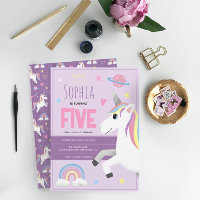 Girls Cute Purple Unicorn Kids 5th Birthday