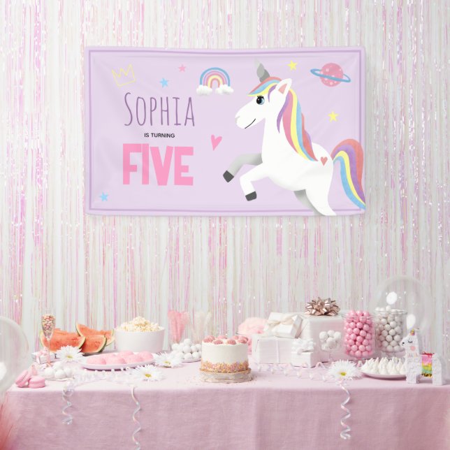 Girls Cute Purple Unicorn Kids 5th Birthday Party Banner (Party)