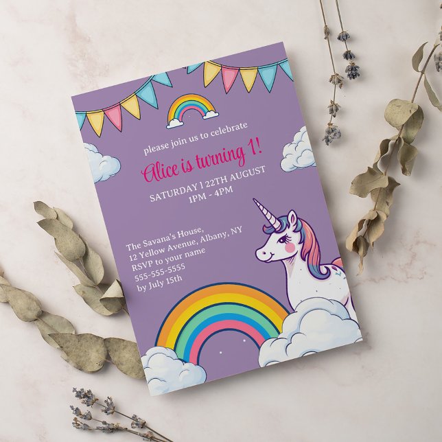 Girls Cute Purple Unicorn Kids First Birthday Invitation (Creator Uploaded)