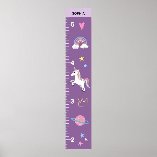 Girls Cute Purple Unicorn Kids Growth Chart (Front)