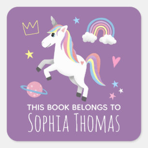 Girls Cute Purple Unicorn & Name Kids Bookplate Square Sticker