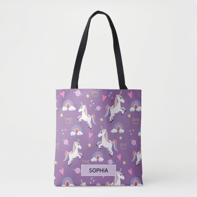 Girls Cute Purple Unicorn Pattern and Name Kids Tote Bag (Front)
