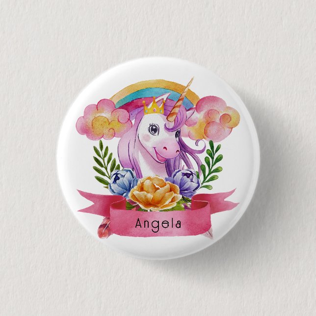 Girls Cute Purple Unicorn Rainbow Custom Name      3 Cm Round Badge (Front)
