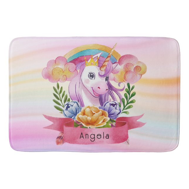 Girls Cute Purple Unicorn Rainbow Custom Name     Bath Mat (Front)