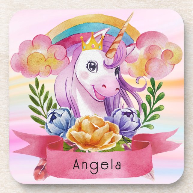 Girls Cute Purple Unicorn Rainbow Custom Name     Coaster (Front)