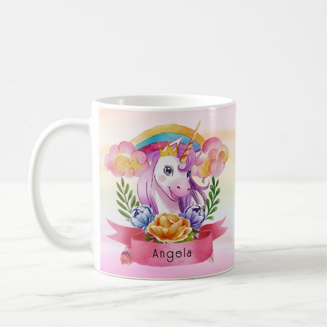 Girls Cute Purple Unicorn Rainbow Custom Name      Coffee Mug (Left)
