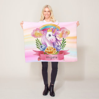 Girls Cute Purple Unicorn Rainbow Custom Name Fleece Blanket