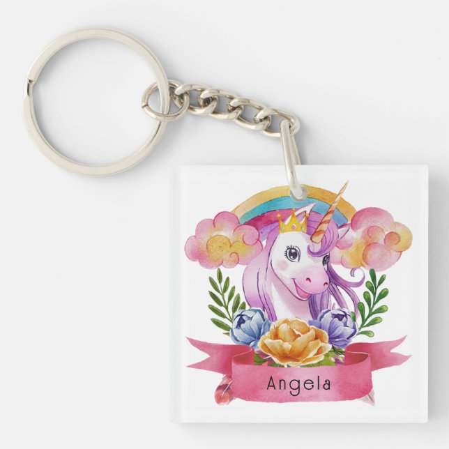 Girls Cute Purple Unicorn Rainbow Custom Name     Key Ring (Front)