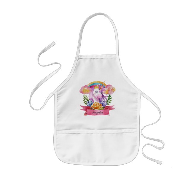Girls Cute Purple Unicorn Rainbow Custom Name      Kids Apron (Front)