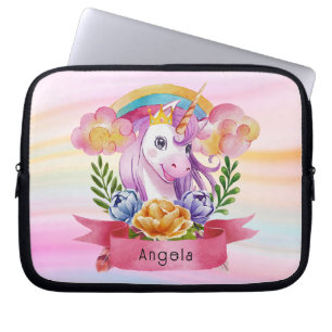 Girls Cute Purple Unicorn Rainbow Custom Name Laptop Sleeve