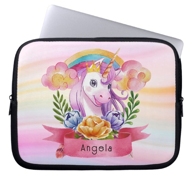 Girls Cute Purple Unicorn Rainbow Custom Name      Laptop Sleeve (Front)