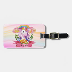 Girls Cute Purple Unicorn Rainbow Custom Name Luggage Tag