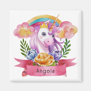 Girls Cute Purple Unicorn Rainbow Custom Name Magnet