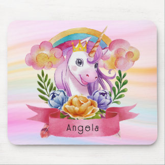 Girls Cute Purple Unicorn Rainbow Custom Name Mouse Mat