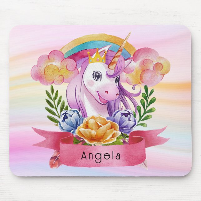 Girls Cute Purple Unicorn Rainbow Custom Name      Mouse Mat (Front)