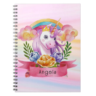 Girls Cute Purple Unicorn Rainbow Custom Name Notebook