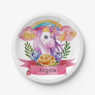 Girls Cute Purple Unicorn Rainbow Custom Name Paper Plate