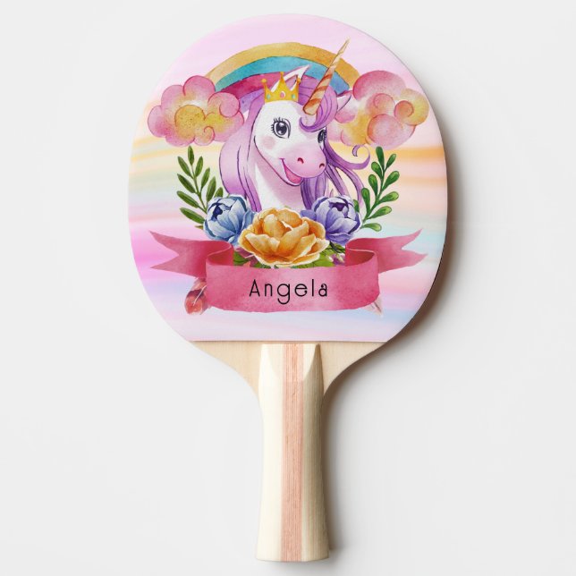 Girls Cute Purple Unicorn Rainbow Custom Name   Ping Pong Paddle (Front)