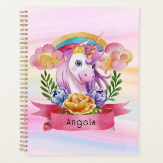 Girls Cute Purple Unicorn Rainbow Custom Name Planner