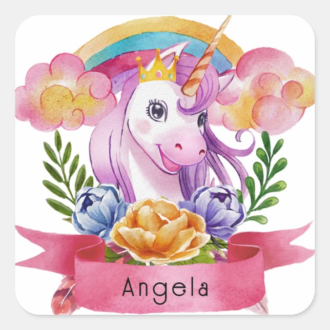 Girls Cute Purple Unicorn Rainbow Custom Name   Square Sticker (Front)