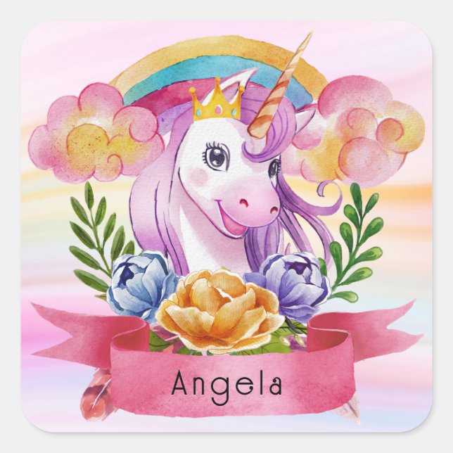 Girls Cute Purple Unicorn Rainbow Custom Name     Square Sticker (Front)