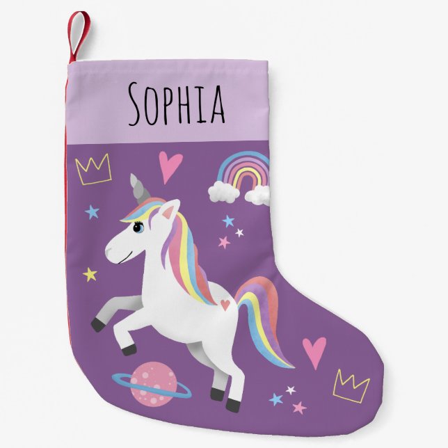Girls Cute Purple Unicorn Rainbow & Name Kids Small Christmas Stocking (Front)