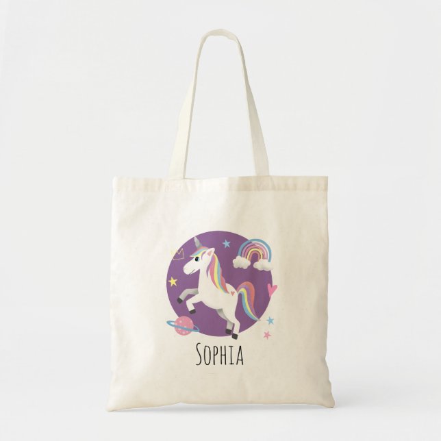 Girls Cute Purple Unicorn Rainbow & Name Kids Tote Bag (Front)
