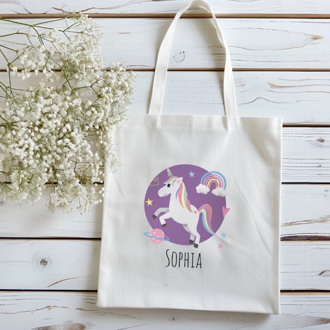 Girls Cute Purple Unicorn Rainbow & Name Kids Tote Bag (Creator Uploaded)