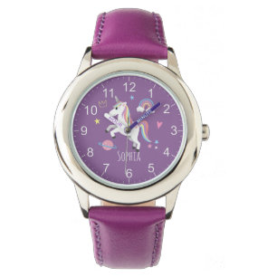Girls Cute Purple Unicorn Rainbow & Name Kids Watch