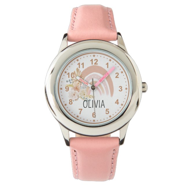 Girls Cute Rainbow Boho Flowers Pink Custom Name Watch (Front)