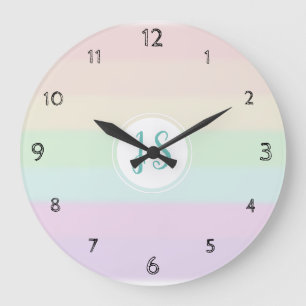 Girl's Cute Rainbow Colour Pastel Monogram Nursery Large Clock