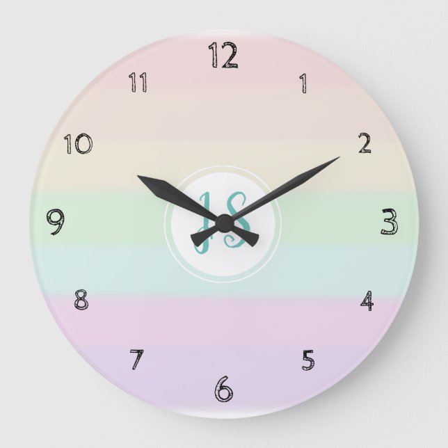 Girl's Cute Rainbow Colour Pastel Monogram Nursery Large Clock (Front)