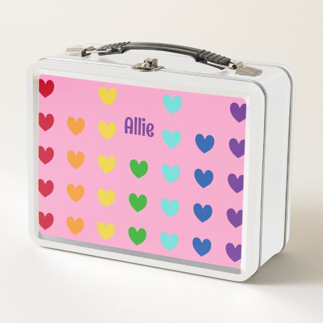 Girls Cute Rainbow Heart Kids Metal Lunch Box (Front)